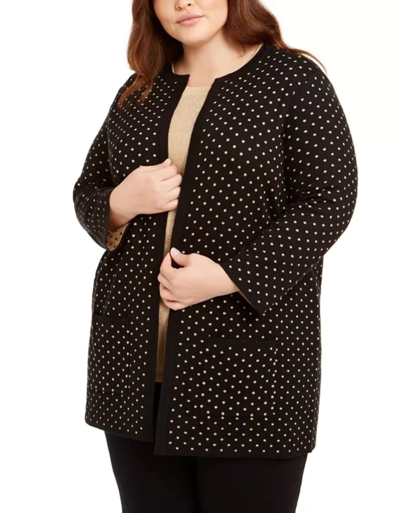 Front of a model wearing a size 0X Anne Klein Women's Plus Metallic Polka-Dot Cardigan Sweater Black Size 0X in Black by Anne Klein. | dia_product_style_image_id:314577